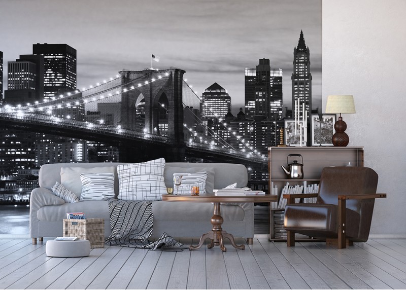 Černobílý Brooklynský most při západu slunce, AG Design, fototapeta do obývacího pokoje, ložnice, jídelny, kuchyně, lepidlo součástí balení, 360x254