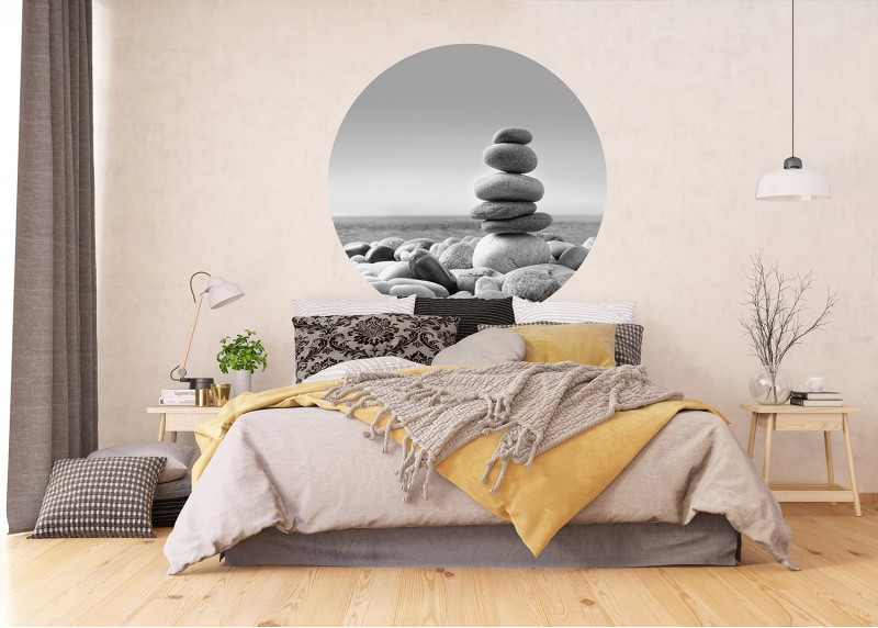 Zenové kameny na pláži, AG Design, kruhová samolepící vliesová fototapeta do obývacího pokoje, ložnice, jídelny, kuchyně, 140x140