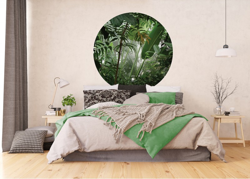 Dotek tropického listí, AG Design, kruhová samolepící vliesová fototapeta do obývacího pokoje, ložnice, jídelny, kuchyně, 140x140