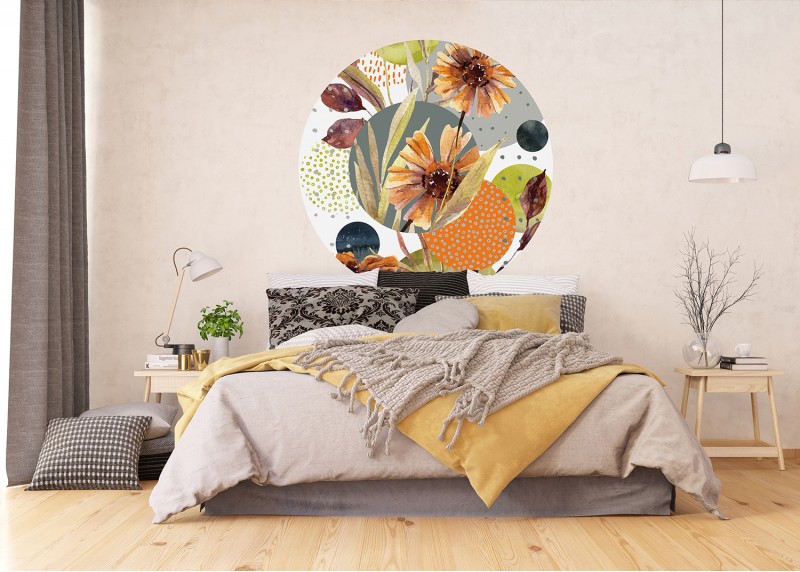 Květiny a tvary, AG Design, kruhová samolepící vliesová fototapeta do obývacího pokoje, ložnice, jídelny, kuchyně, 140x140