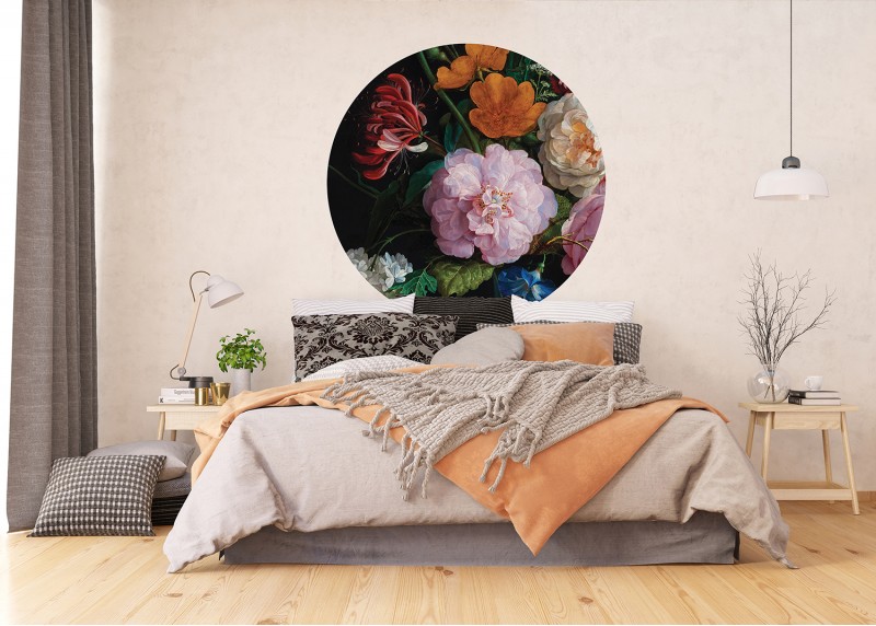 Dramatické květy, AG Design, kruhová samolepící vliesová fototapeta do obývacího pokoje, ložnice, jídelny, kuchyně, 140x140