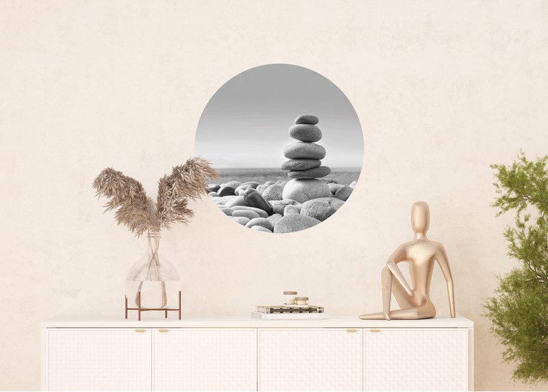 Zenové kameny na pláži, AG Design, kruhová samolepící vliesová fototapeta do obývacího pokoje, ložnice, jídelny, kuchyně, 70x70
