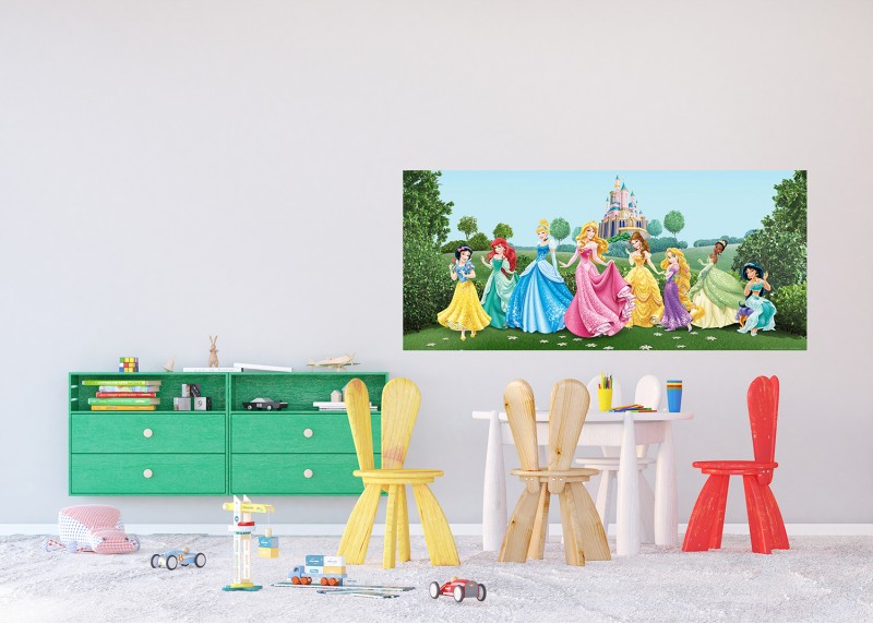 Princezny Disney na louce před zámkem, AG Design, fototapeta do dětského pokoje, lepidlo součástí balení, 202x90