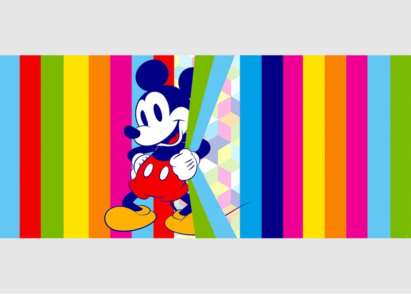 Mickey Mouse a barevné pruhy, Disney, AG Design, fototapeta do dětského pokoje, lepidlo součástí balení, 202x90