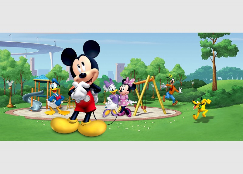 Mickey Mouse s kamarády na hřiště, Disney, AG Design, fototapeta do dětského pokoje, lepidlo součástí balení, 202x90