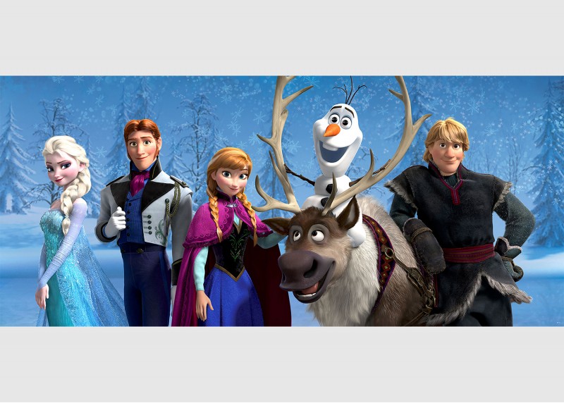 Usmívající se hrdinové Frozen v lese, Ledové království, Disney, AG Design, fototapeta do dětského pokoje, lepidlo součástí balení, 202x90