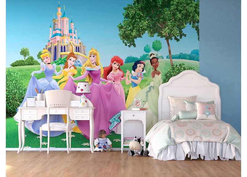 Princezny Disney na louce před zámkem, AG Design, fototapeta do dětského pokoje, lepidlo součástí balení, 360x270