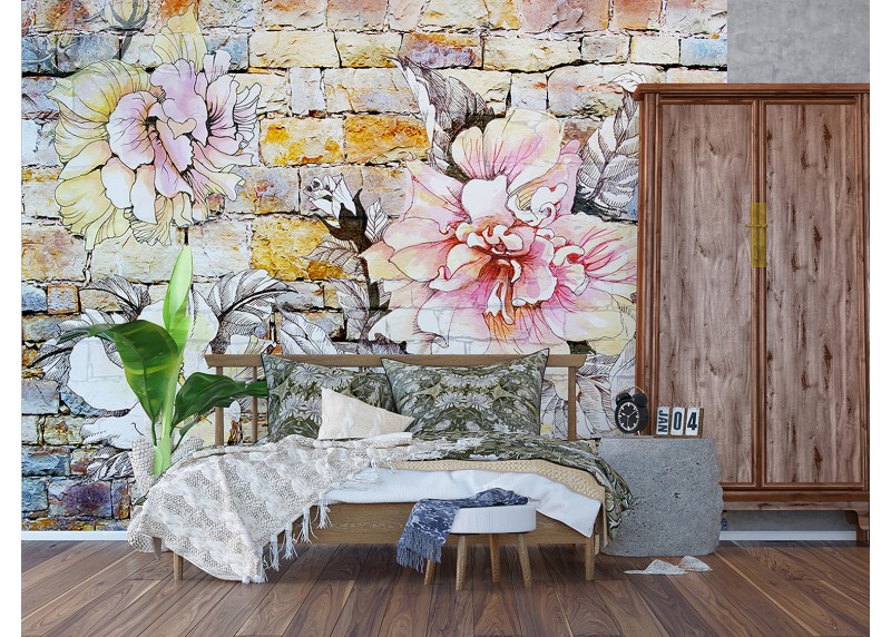 Květiny na cihlové zdi, AG Design, fototapeta ekologická vliesová do obývacího pokoje, ložnice, jídelny, kuchyně, lepidlo součástí balení, 360x270