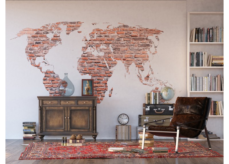 Cihlová mapa světa, AG Design, fototapeta ekologická vliesová do obývacího pokoje, ložnice, jídelny, kuchyně, lepidlo součástí balení, 375x270