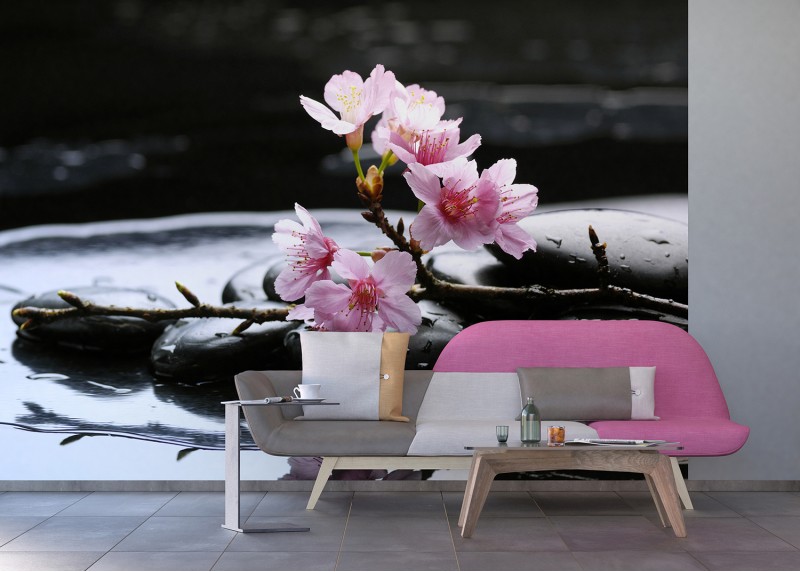 Květy sakury na lávových kamenech, AG Design, fototapeta do obývacího pokoje, ložnice, jídelny, kuchyně, lepidlo součástí balení, 360x254