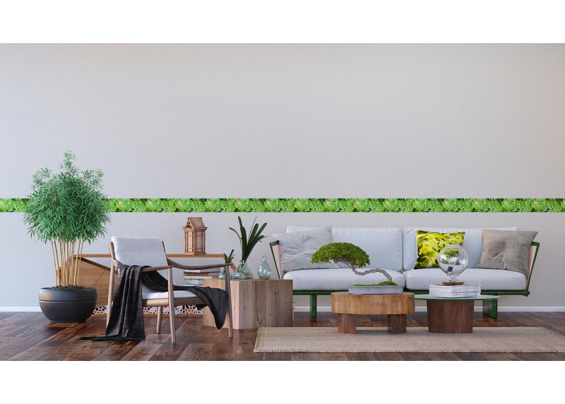 Zelené listy, samolepící bordura pro stěny obývacího pokoje, ložnice, jídelny, kuchyně, chaty, AG Design, 5 m x 13.8 cm, WB 8219