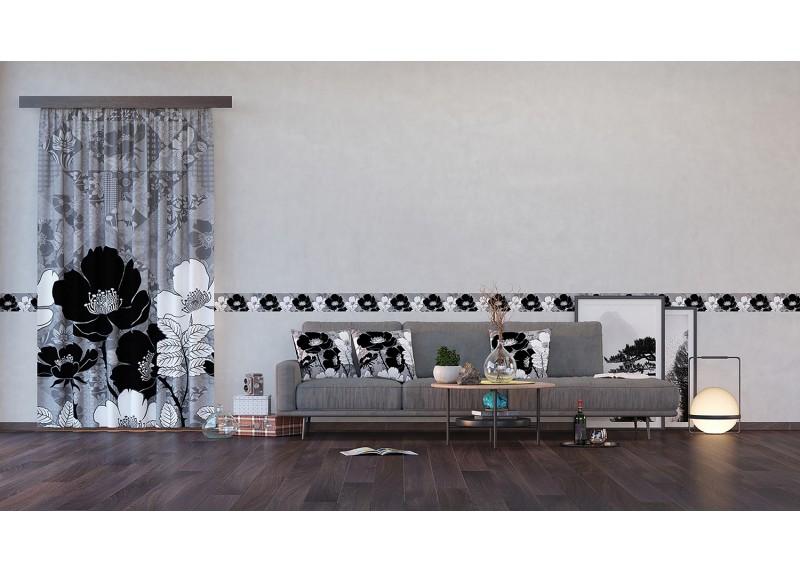 Černobílé květy, samolepící bordura pro stěny obývacího pokoje, ložnice, jídelny, kuchyně, chaty, AG Design, 5 m x 13.8 cm, WB 8239