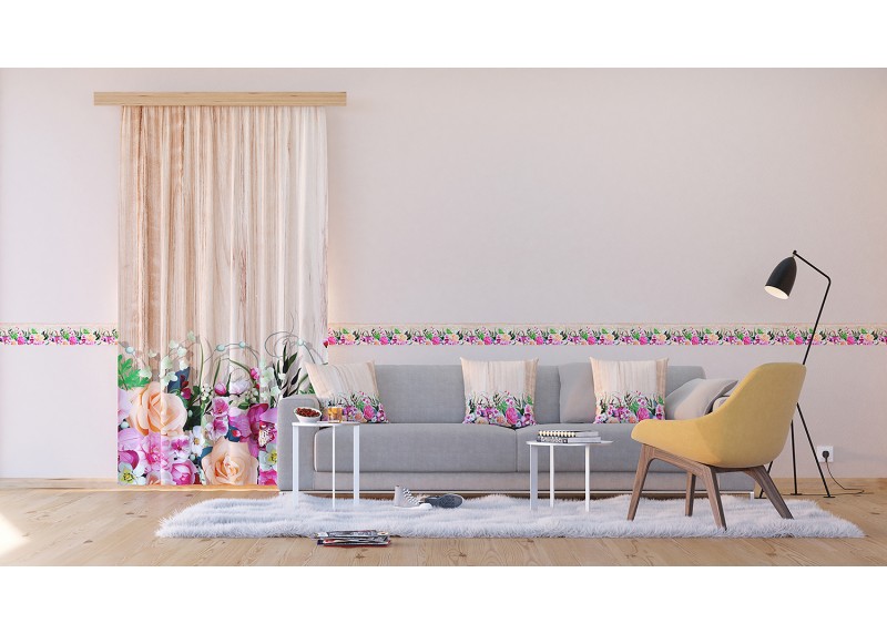 Květy, samolepící bordura pro stěny obývacího pokoje, ložnice, jídelny, kuchyně, chaty, AG Design, 5 m x 13.8 cm, WB 8240