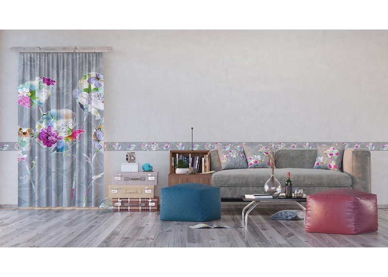 Barevné květy na šedém podkladu, samolepící bordura pro stěny obývacího pokoje, ložnice, jídelny, kuchyně, chaty, AG Design, 5 m x 13.8 cm,  WB 8244