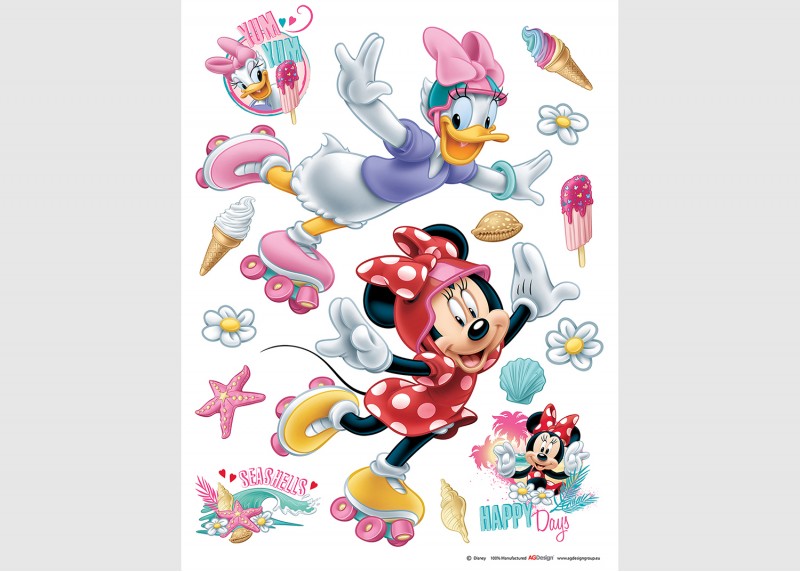 Samolepka na zeď dětská,  AG Design, DK 1724, Disney, Minnie Mouse, Minnie a Daisy na kolečkových bruslích, 65x85 cm
