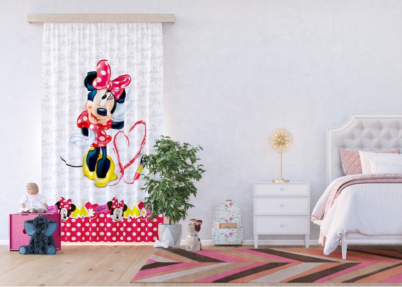 Myška Minnie s rtěnkou, Disney, záclony AG Design, 140 x 245 cm, 1 díl, pro dětské pokoje, FCSL 7162
