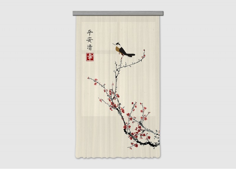 Japonská Sakura s ptáčkem, záclony AG Design, 140 x 245 cm, 1 díl, do kuchyně, obývacího pokoje, ložnice, FCS L 7595