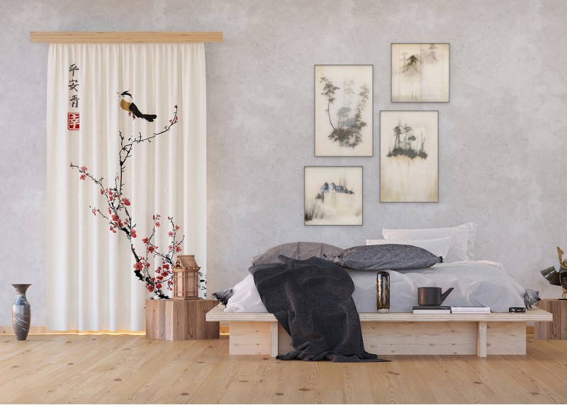 Japonská Sakura s ptáčkem, záclony AG Design, 140 x 245 cm, 1 díl, do kuchyně, obývacího pokoje, ložnice, FCSL 7595