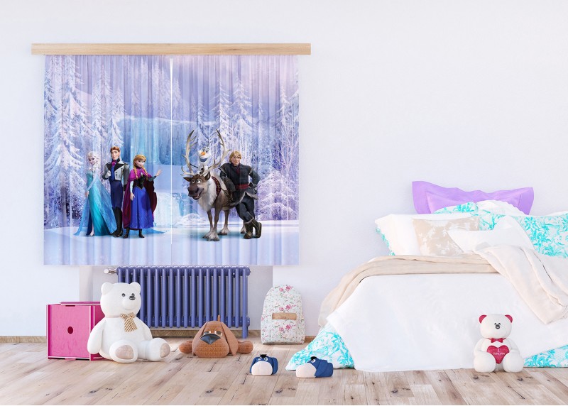 Elsa s přáteli u ledového vodopádu, Disney, záclony AG Design, 180 x 160 cm, 2 díly, pro dětské pokoje, FCSXL 4303