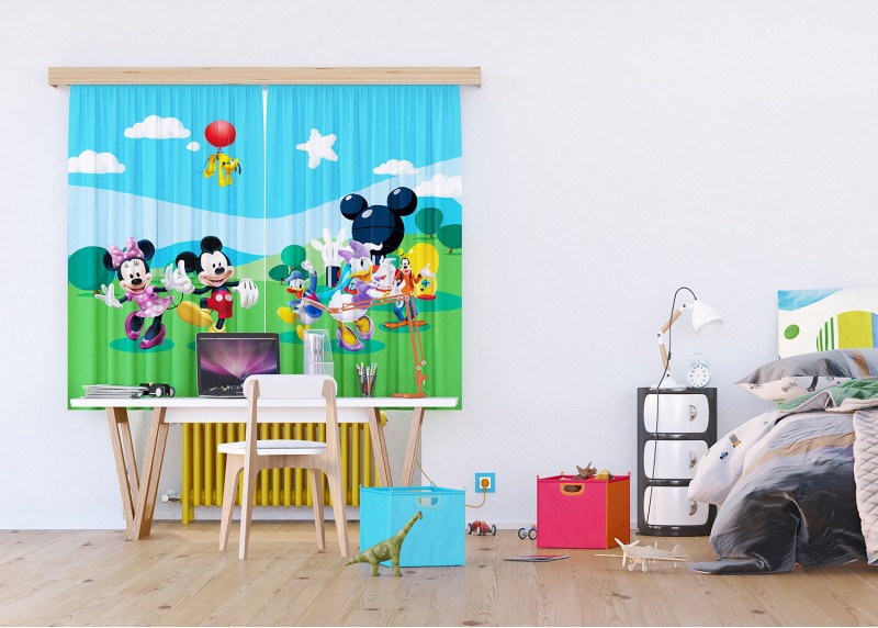 Mickey Mouse Club House, Disney, záclony AG Design, 180 x 160 cm, 2 díly, pro dětské pokoje, FCSXL 4307