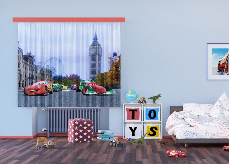 Cars v Londýně, Disney, záclony AG Design, 180 x 160 cm, 2 díly, pro dětské pokoje, FCSXL 4312