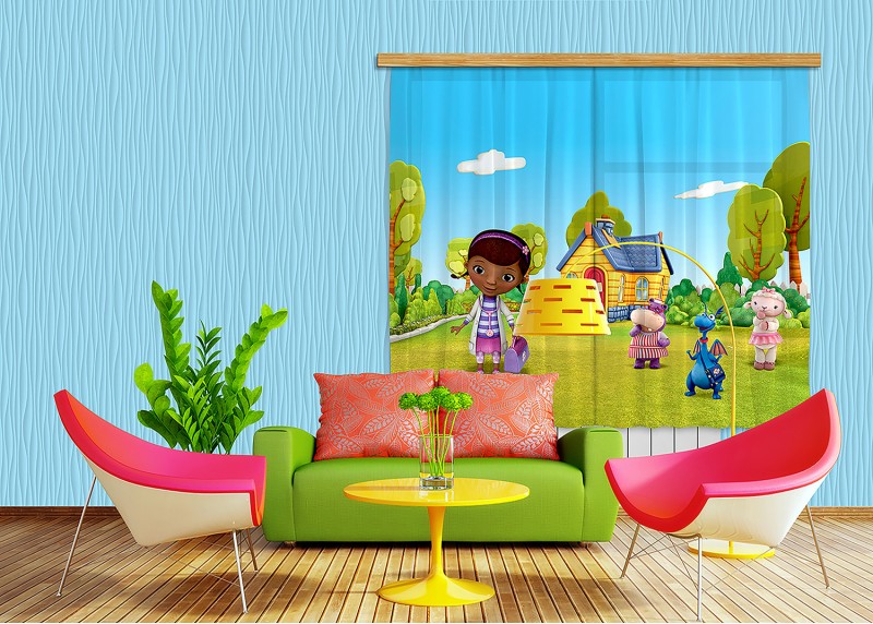 Doktorka Plyšáková, Disney, záclony AG Design, 180 x 160 cm, 2 díly, pro dětské pokoje, FCSXL 4318