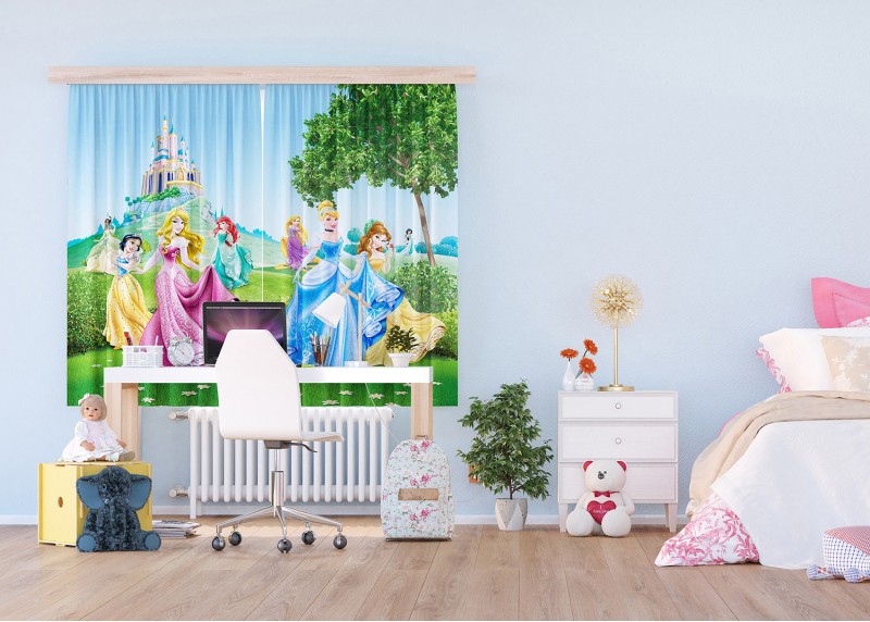 Princezny na květinové louce, Disney, záclony AG Design, 180 x 160 cm, 2 díly, pro dětské pokoje, FCSXL 4319