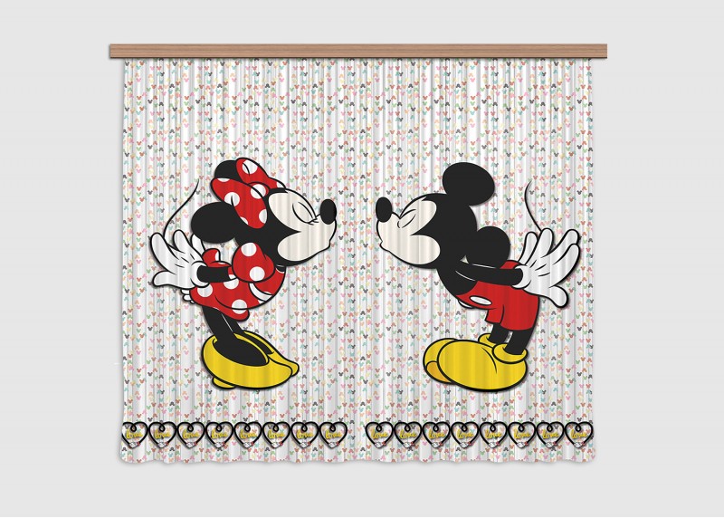 Myška Minnie a Mickey Mouse se srdíčky, Disney, záclony AG Design, 180 x 160 cm, 2 díly, pro dětské pokoje, FCS XL 4371