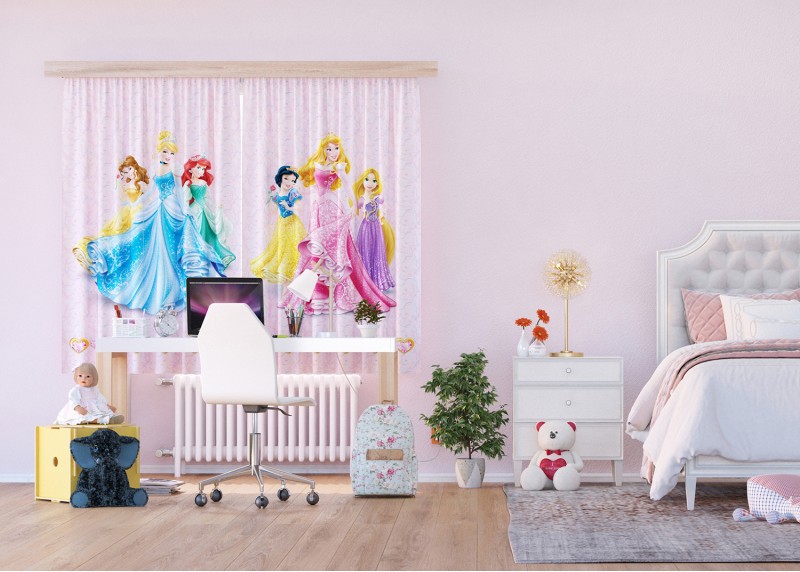 Princezny se srdíčky, Disney, záclony AG Design, 180 x 160 cm, 2 díly, pro dětské pokoje, FCS XL 4372