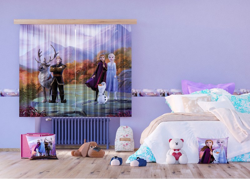 Elsa s přáteli v horách, Frozen II, závěsy AG Design, 180 x 160 cm, 2 díly, do obývacího pokoje, kuchyně, ložnice, FCXXL 4374