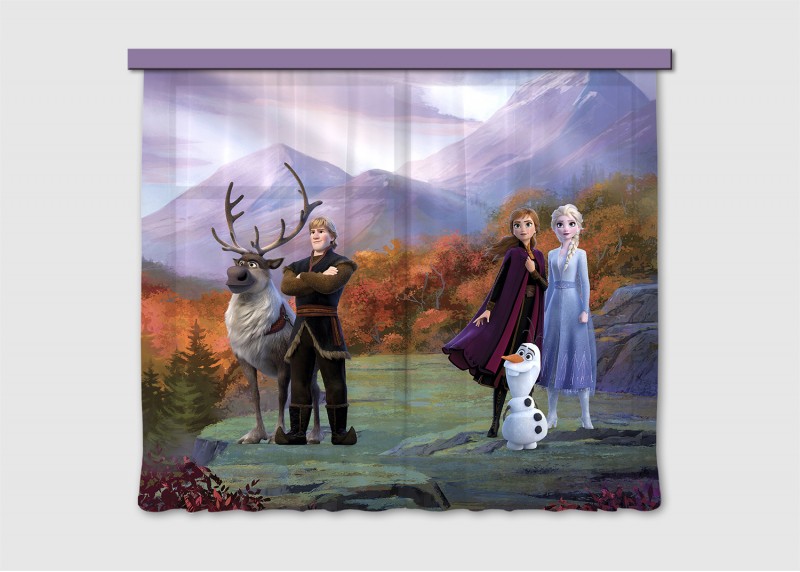 Elsa s přáteli v horách, Frozen II, závěsy AG Design, 180 x 160 cm, 2 díly, do obývacího pokoje, kuchyně, ložnice, FCX XL 4374