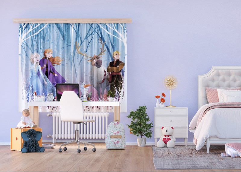 Elsa s přáteli v kouzelném lese,  Frozen 2, Disney, záclony AG Design, 180 x 160 cm, 2 díly, pro dětské pokoje, FCSXL 4376