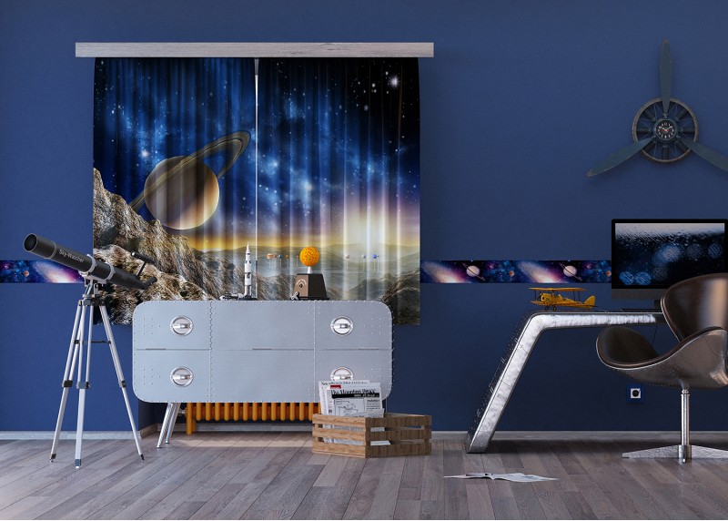 Vesmír, záclony AG Design, 180 x 160 cm, 2 díly, do kuchyně, obývacího pokoje, ložnice, FCSXL 4805