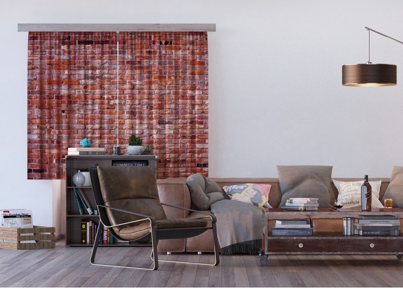 Cihlová zeď, záclony AG Design, 180 x 160 cm, 2 díly, do kuchyně, obývacího pokoje, ložnice, FCSXL 4823