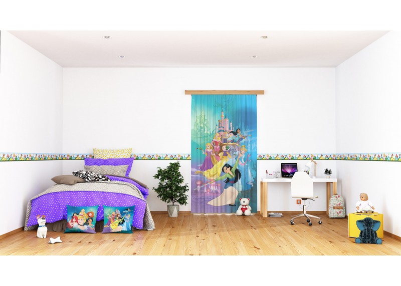 Disney Princezny na pozadí jejich zámků, Disney, dekorativní polštář AG Design, 40 x 40 cm, do dětského pokoje, CND 3123