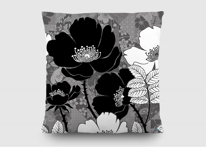 Černobílé květiny, dekorativní polštář, AG Design, 45 X 45 cm, do obývacího pokoje, kuchyně, ložnice či chaty, CN 3621