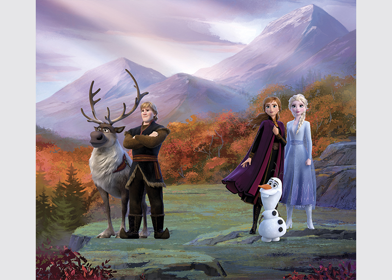 Elsa s přáteli v horách, Frozen II, závěsy AG Design, 180 x 160 cm, 2 díly, do obývacího pokoje, kuchyně, ložnice, FCX XL 4374