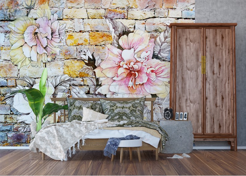 Květiny na cihlové zdi, AG Design, fototapeta ekologická vliesová do obývacího pokoje, ložnice, jídelny, kuchyně, lepidlo součástí balení, 360x270