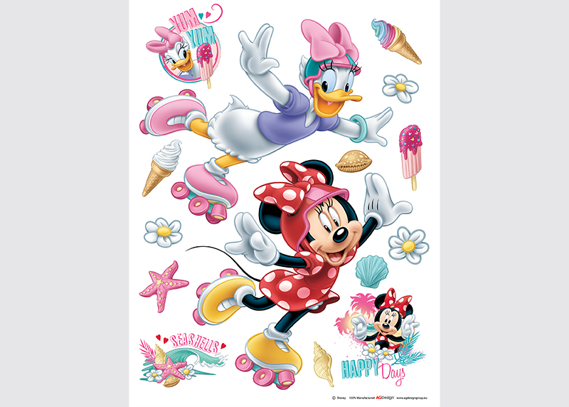 Samolepka na zeď dětská,  AG Design, DK 1724, Disney, Minnie Mouse, Minnie a Daisy na kolečkových bruslích, 65x85 cm