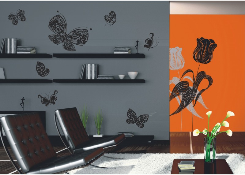 Samolepka na zeď,  AG Design, F 0459, Černé kreslené motýly, 65x85 cm