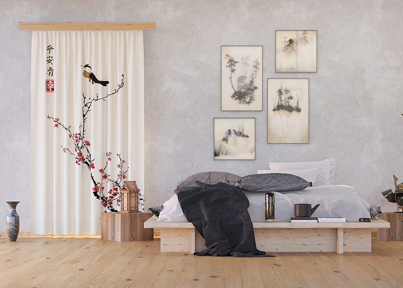 Japonská Sakura s ptáčkem, závěs AG Design, 140 x 245 cm, 1 díl, do kuchyně, obývacího pokoje, ložnice, FCPL 6595